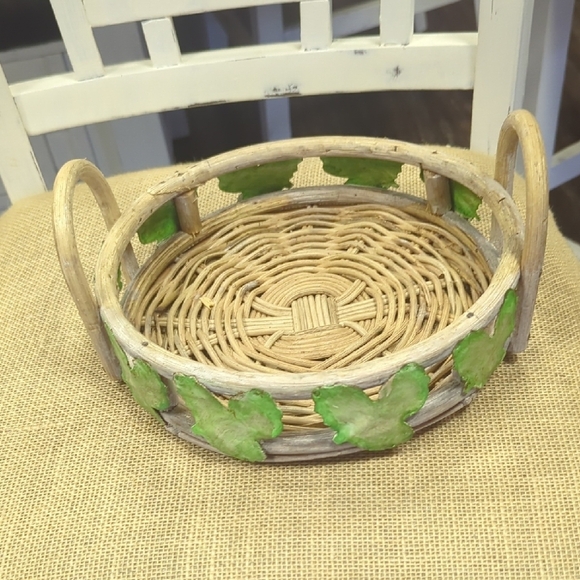 Vintage Wicker Baskets with Metal Green Leaf Accents, Handcrafted In Philippines - Picture 8 of 11
